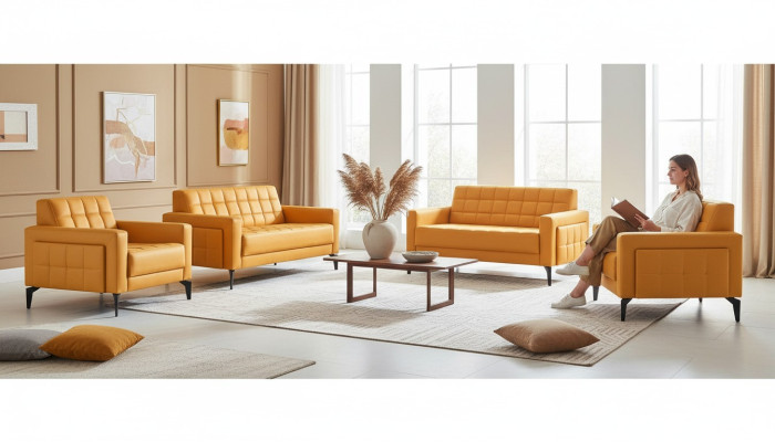 Sitzmöbel Chesterfiedl Gelb 2-Sitzer Sessel Ledersofas Modern Edelstahl