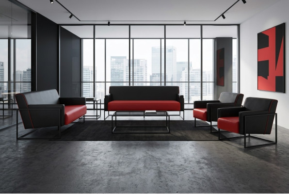 Komplett-Set 3-Sitzer Sessel Schwarz Rot Sofa-Set Leder Edelstahl Holz