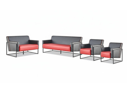 Komplett-Set 3-Sitzer Sessel Schwarz Rot Sofa-Set Leder Edelstahl Holz