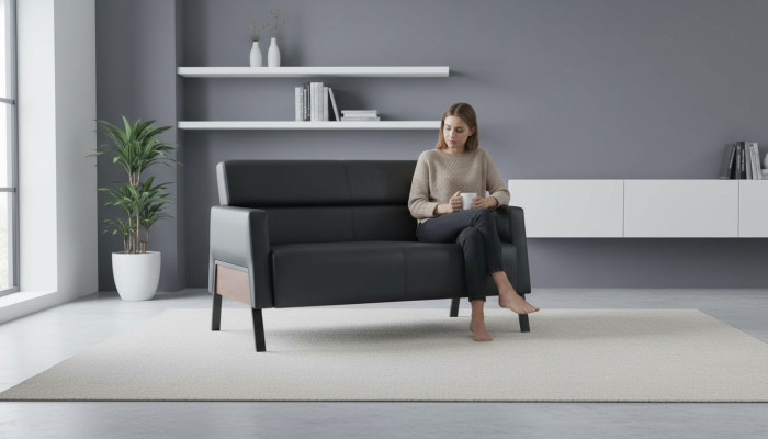 Sofa Schwarz 2-Sitzer Ledersofa Modern Couch Leder Edelstahl Zweisitzig