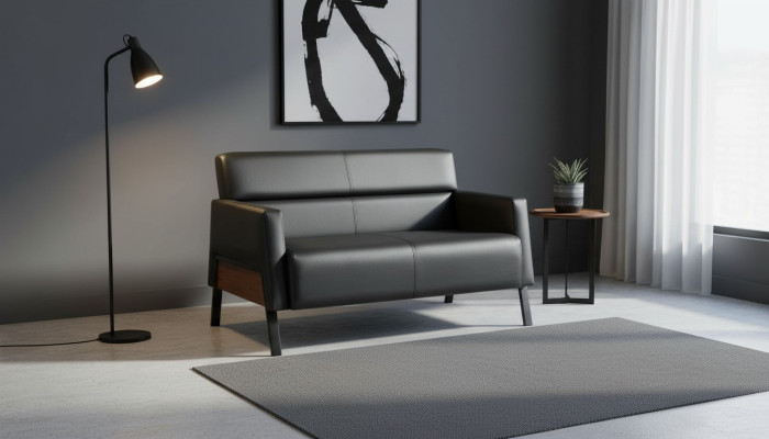 Sofa Schwarz 2-Sitzer Ledersofa Modern Couch Leder Edelstahl Zweisitzig