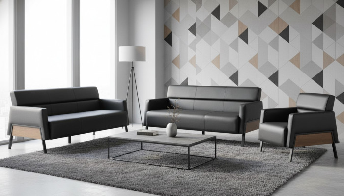 Sofas 3-Sitzer Sessel Schwarz Modern Sitzmöbel Sofa-Set Ledersofas Holz