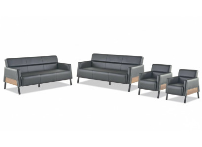 Sofa-Set 3-Sitzer 2x Sessel Schwarz Ledersofas Modern Leder Holz Weich