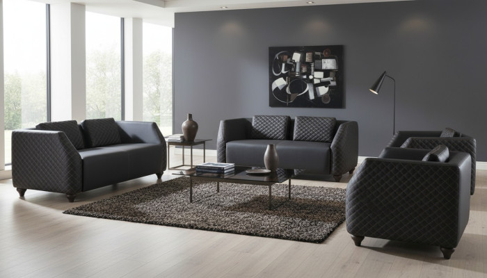 Sofa-Set Ledersofas 2-Sitzer 2x Sessel Schwarz Sitzmöbel Modern Lehnsessel