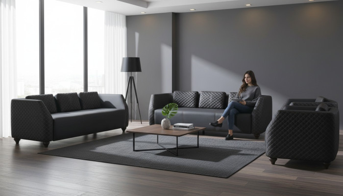 Komplett Set 3-Sitzer 2x Sessel Schwarz Polster Modern Leder Sofa-Set