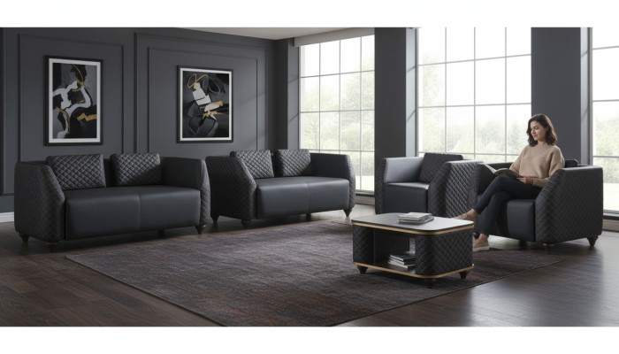 Sofa-Set 2-Sitzer Sessel Couchtisch Schwarz Braun Polster Leder Kissen