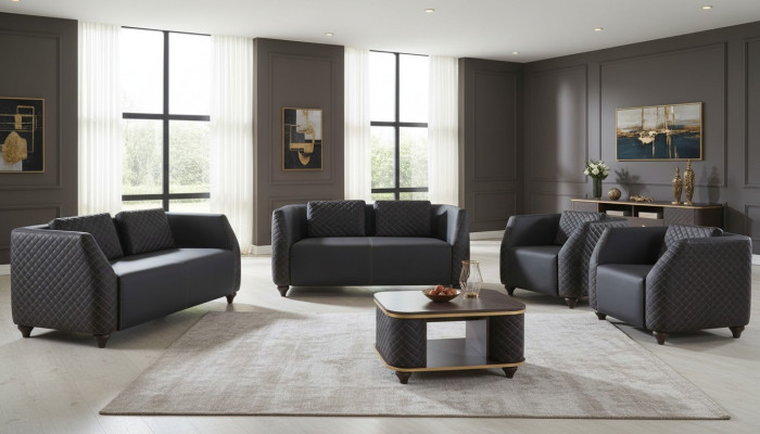 Sofa-Set 2-Sitzer Sessel Couchtisch Schwarz Braun Polster Leder Kissen
