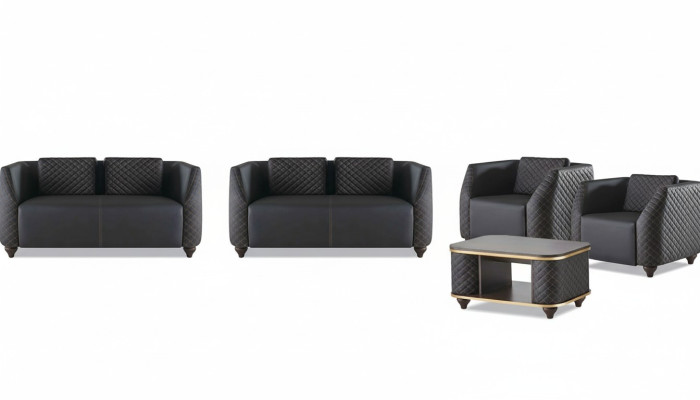 Sofa-Set 2-Sitzer Sessel Couchtisch Schwarz Braun Polster Leder Kissen