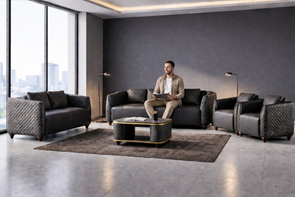 Komplett-Set 3-Sitzer 2-Sitzer Sessel Couchtisch Ledersofas Leder Holz