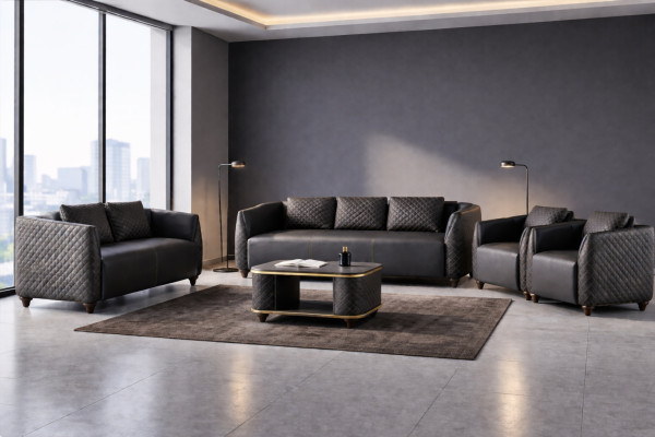 Komplett-Set 3-Sitzer 2-Sitzer Sessel Couchtisch Ledersofas Leder Holz