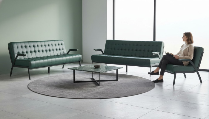 Sitzmöbel-Set 3-Sitzer Sessel Grün Edelstahl Modern Leder Chesterfield