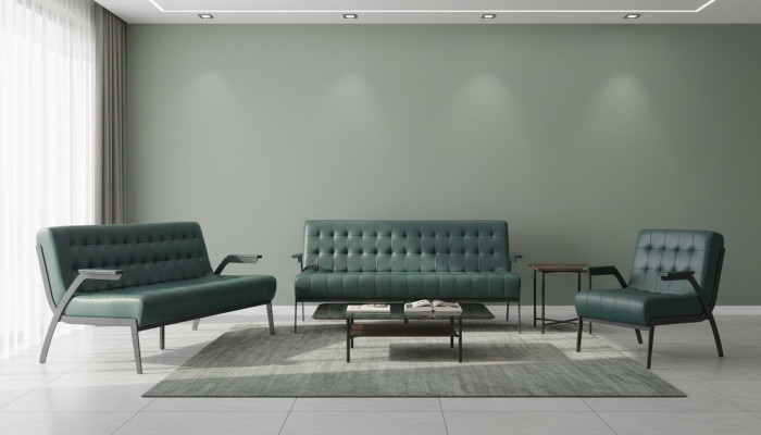 Sitzmöbel-Set 3-Sitzer Sessel Grün Edelstahl Modern Leder Chesterfield