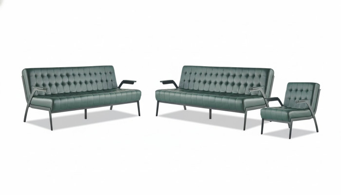Sitzmöbel-Set 3-Sitzer Sessel Grün Edelstahl Modern Leder Chesterfield