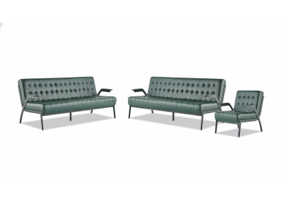 Sitzmöbel-Set 3-Sitzer Sessel Grün Edelstahl Modern Leder Chesterfield