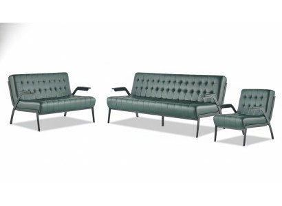 Komplett-Set Grün 3-Sitzer 2-Sitzer Sessel Modern Chesterfield Leder