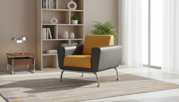 Sessel Gelb Grau Lehnsessel Modern Holz Weiche Armlehnen Edelstahl Leder
