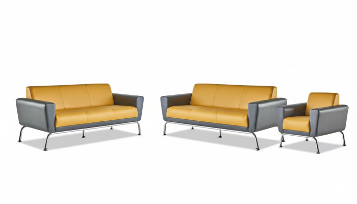 Ledersofa Leder Edelstahl Modern Gelb Grau 3-Sitzer Sessel Sofa-Set