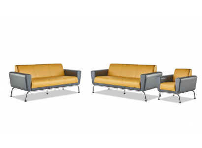 Ledersofa Leder Edelstahl Modern Gelb Grau 3-Sitzer Sessel Sofa-Set