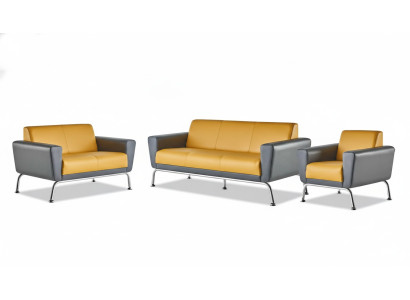 Ledersofas Gelb Grau Sofagarnitur Sofas-Set 3-Sitzer 2-Sitzer Sessel
