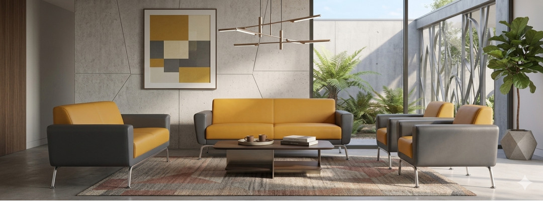 Komplett-Set 2-Sitzer Sessel Gelb Grau Edelstahl Ledersofas Sofa-Set