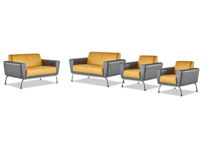 Komplett-Set 2-Sitzer Sessel Gelb Grau Edelstahl Ledersofas Sofa-Set