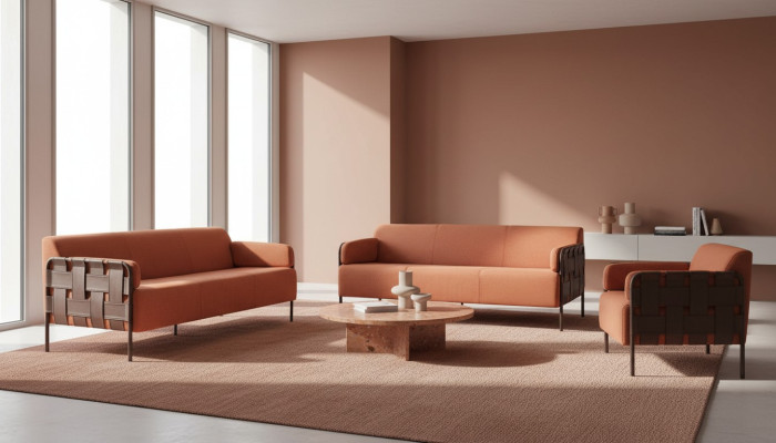Ledersofas-Set Modern Komplett Sofas 3-Sitzer Sessel Orange Edelstahl