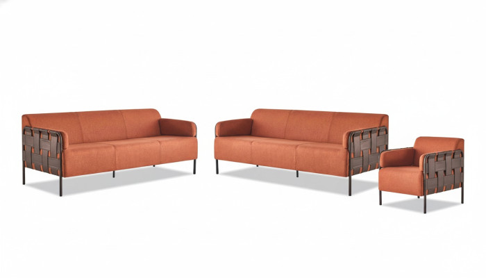 Ledersofas-Set Modern Komplett Sofas 3-Sitzer Sessel Orange Edelstahl