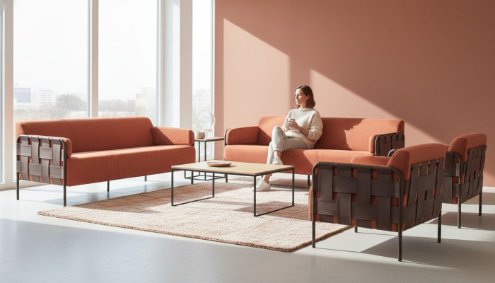 Komplett Sofas 3-Sitzer 2x Sessel Orange Couch Leder Textil Edelstahl