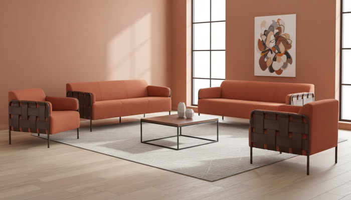 Komplett Sofas 3-Sitzer 2x Sessel Orange Couch Leder Textil Edelstahl