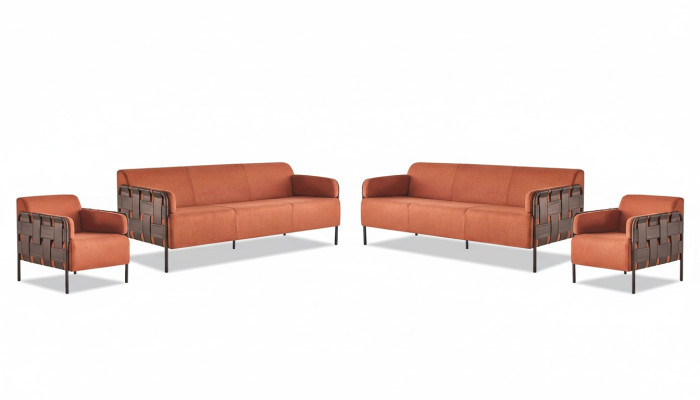 Komplett Sofas 3-Sitzer 2x Sessel Orange Couch Leder Textil Edelstahl