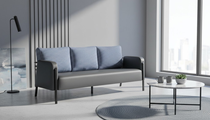 Couch Grau Blau Sessel POlster 3-Sitzer Modern Kissen Leder Edelstahl