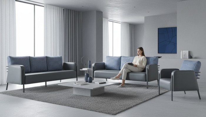 Sofa-Set Grau Blau Ledersofa 3-Sitzer Sessel Modern 1-Sitzer Leder Textil