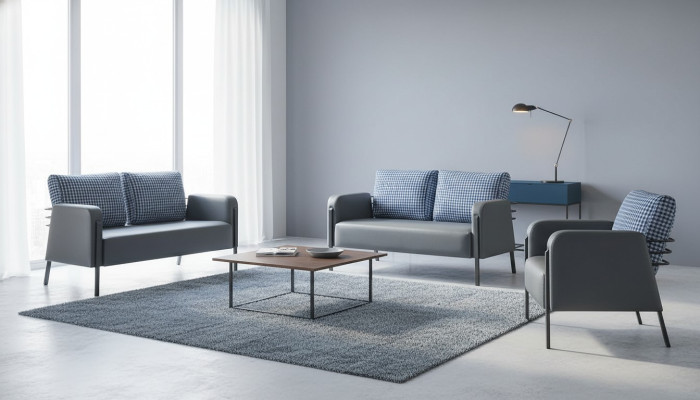 Komplett Ledersofa Set 2-Sitzer Sessel Modern Grau Blau Leder Textil
