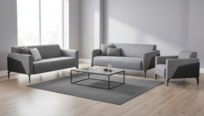 Modern Sofas Sofa-Set 3tlg 2x 3-Sitzer Sessel Grau Sofagarnitur Sitzmöbel