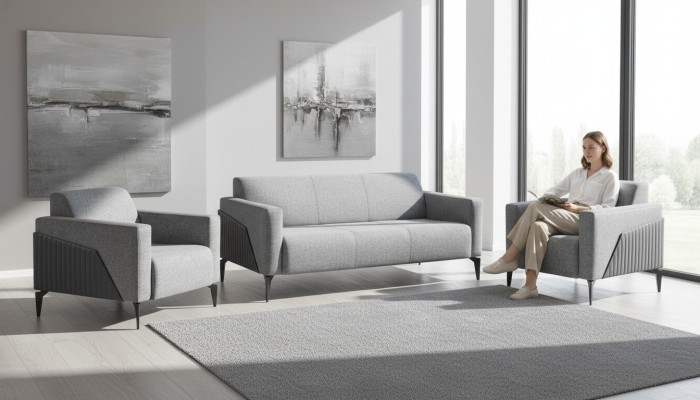 Komplett Set 3-Sitzer 2-Sitzer Sessel Grau Leder Modern Textil Couch