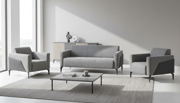 Komplett Set 3-Sitzer 2-Sitzer Sessel Grau Leder Modern Textil Couch
