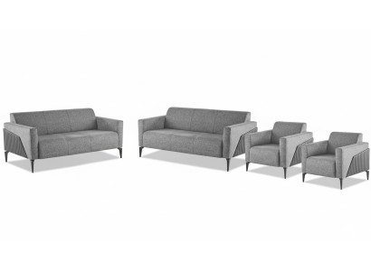 Sitzmöbel Komplett Modern Set 3-Sitzer Sessel Grau Textil Edelstahl Leder
