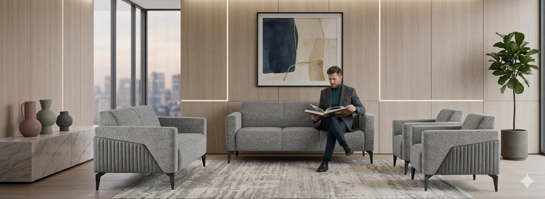 Sofagarnitu Set 3-Sitzer 2-Sitzer Sessel Grau Textil Edelstahl Holz Modern