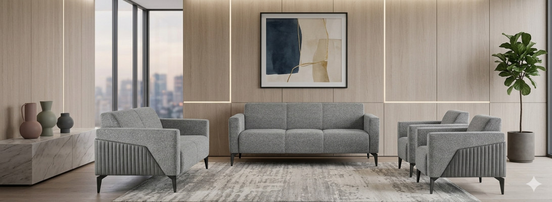 Sofagarnitu Set 3-Sitzer 2-Sitzer Sessel Grau Textil Edelstahl Holz Modern