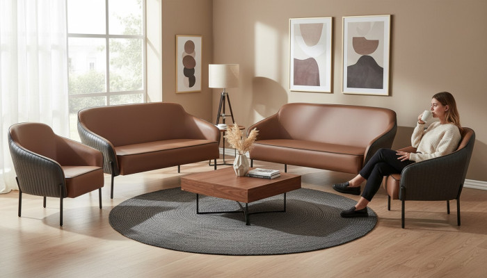 Sofa-Set Braun Schwarz Sofagarnitur 2-Sitzer Sessel Leder Edelstahl Holz