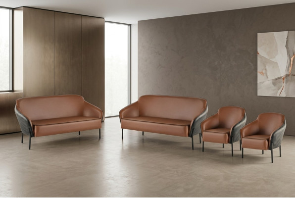 Sofa-Set Braun Schwarz Sofagarnitur 2-Sitzer Sessel Leder Edelstahl Holz