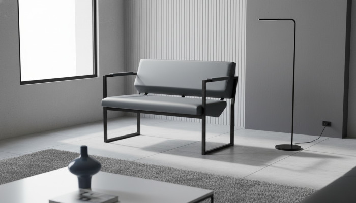 Ledesofas Couch Edelstahl 2-Sitzer Sofa Schwarz Leder Holz Zweisitzig