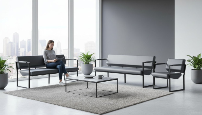 Komplett Büro Set Sofas 2-Sitzer Sessel Schwarz Ledersofas Modern Leder