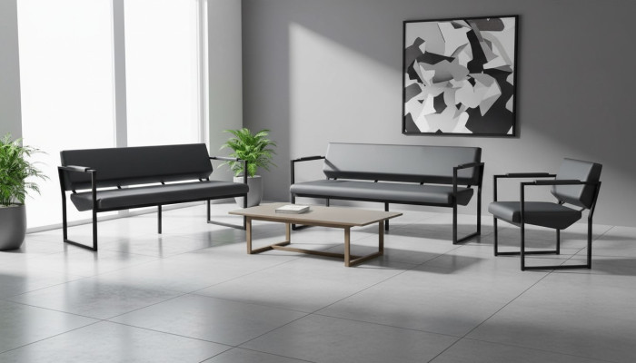 Komplett Büro Set Sofas 2-Sitzer Sessel Schwarz Ledersofas Modern Leder