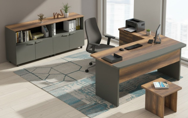 Arbeitszimmer Set Tisch Sideboard Couchtisch Stauraum Holz Grau Braun