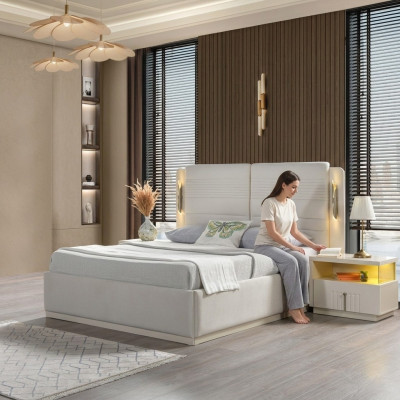 Eleganten komplet posteljnega seta s prevleko in 3 nočnima omaricama, 3-delni set