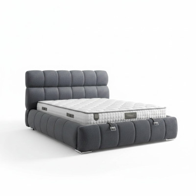 Postelja v moderni modri tkanini in lesu z vzmetnico
