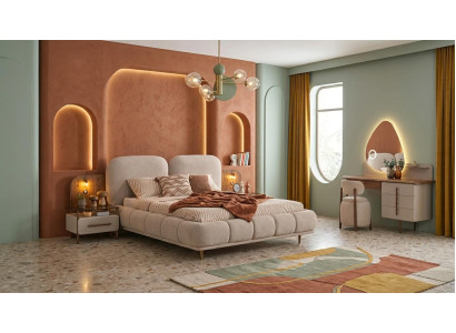 Bett 2x Nachttische Schminktisch Pouf weich Stil modern beige bequem