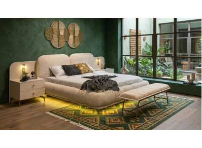 Bett 2x Nachttische Bank Schlafzimmer Stil modern beige bequem