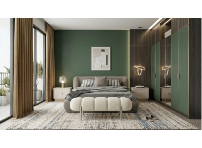 Bett 2x Nachttische Bank Schlafzimmer Stil modern grau komfortabel